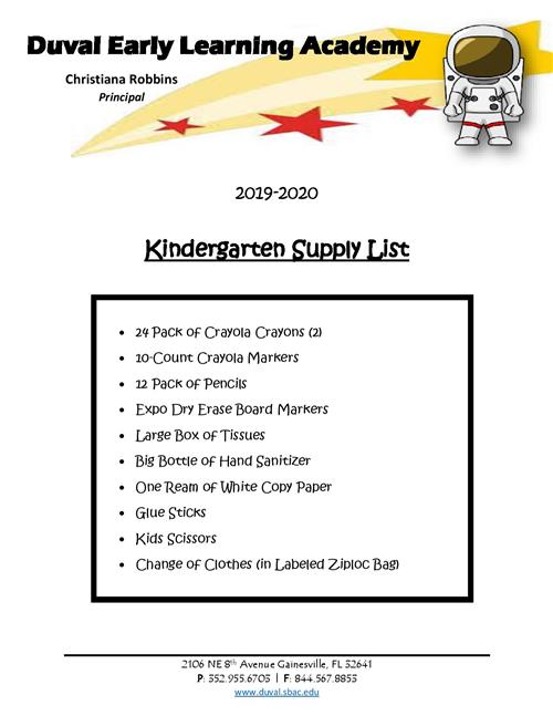 Kindergarten Supply List 